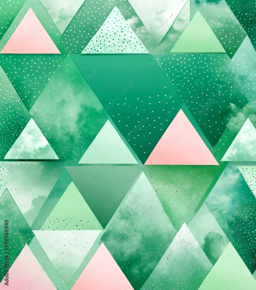 Aufkleber a repeating pattern of triangles in various shades of green, pink, and white, with some areas appear