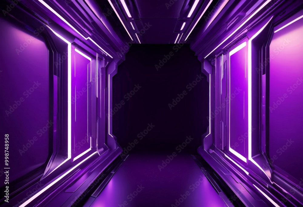 Poster A futuristic corridor with purple lighting and geometric patterns, creating a sense of depth and mystery