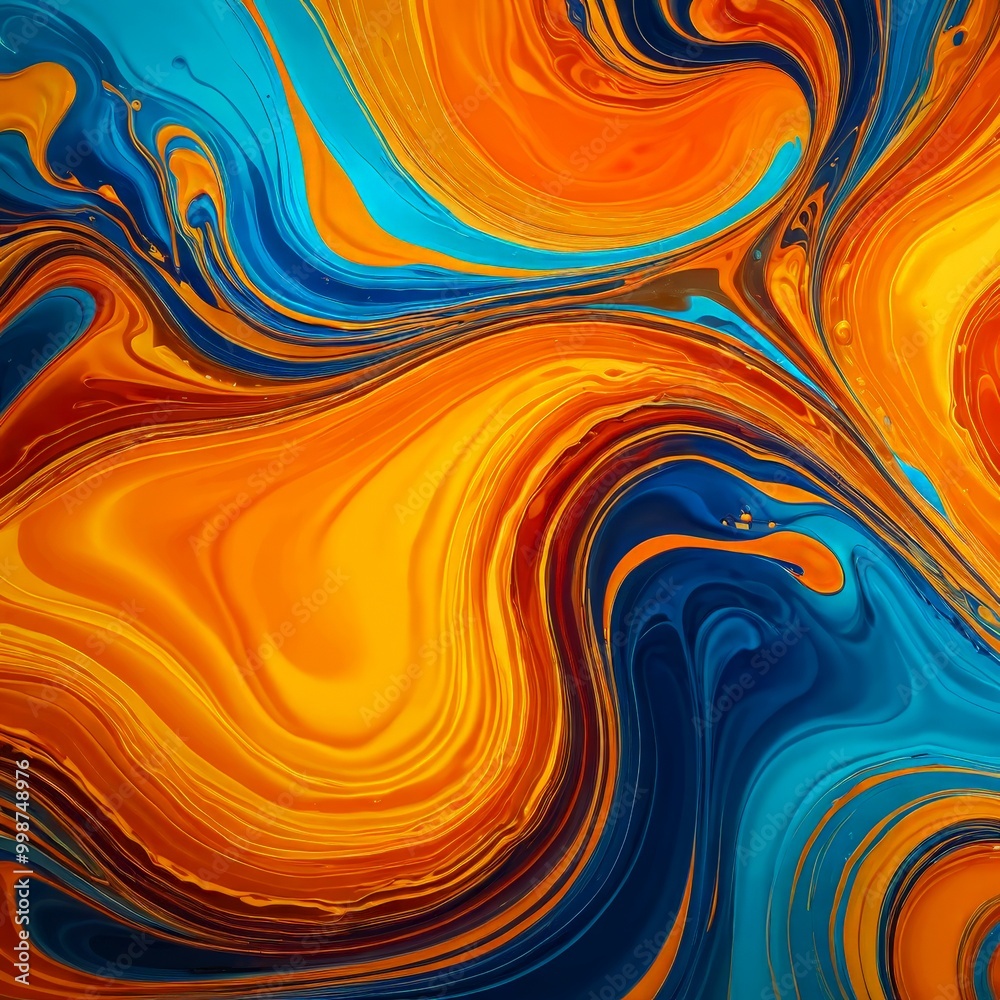 Poster a vibrant abstract pattern composed of swirling lines and shapes in a variety of warm colors, including orange, blue, and yellow The pattern is dynamic and visually