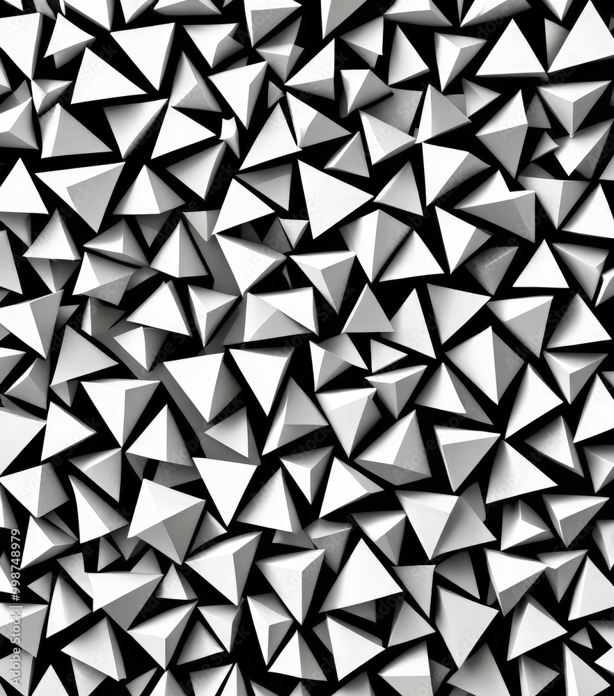 Poster A black and white of numerous overlapping triangular shapes, creating a visually striking pattern