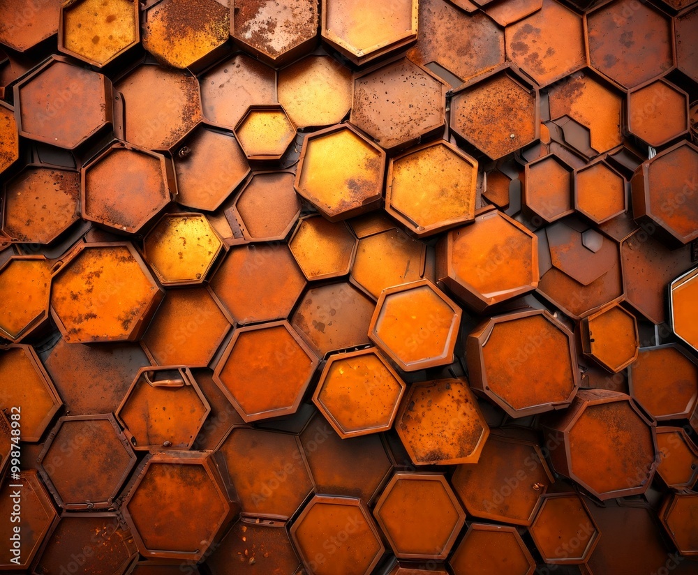 Poster a close-up view wall composed of numerous hexagonal tiles in varying shades of brown, with some tiles appearing rusted or weathered