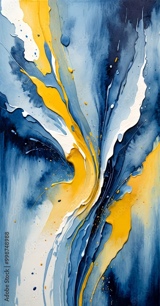 Poster an abstract painting featuring a dynamic composition of blue, yellow, and white colors, with splashes of color and texture creating a sense of movement and energy