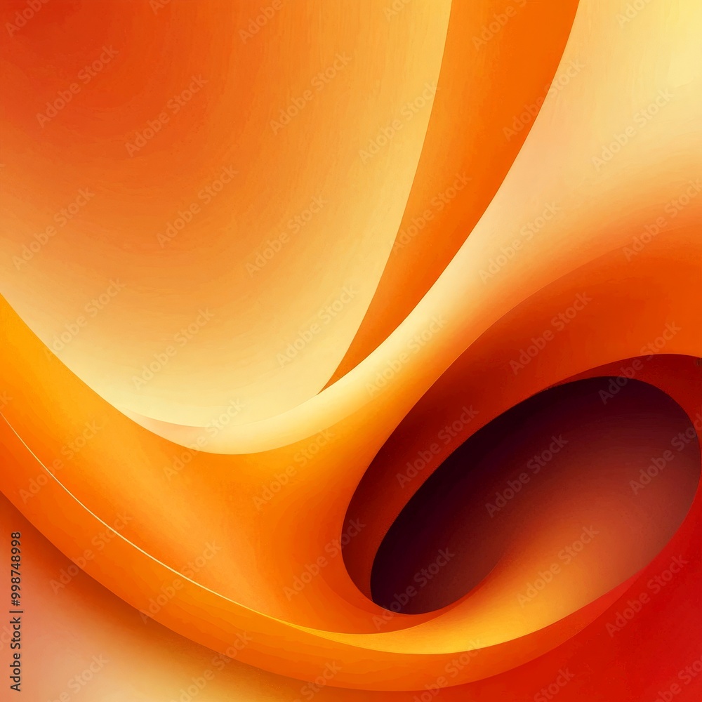 Poster a vibrant abstract composition of orange and yellow hues, with a central dark shape that appears to be a void or a hollow space The colors are predominantly warm, creating