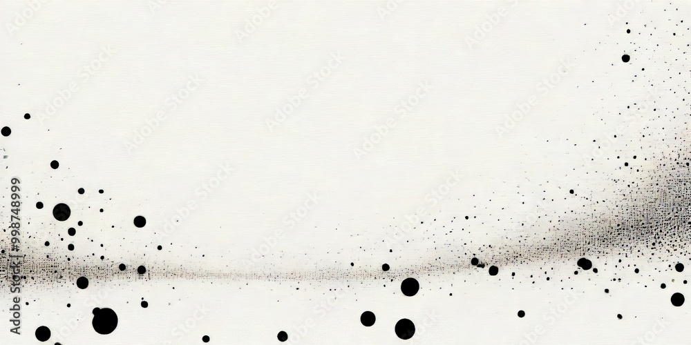 Poster a minimalist black and white composition with a central white background and scattered black dots and lines, creating a sense of depth and movement
