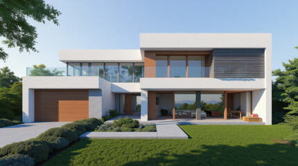 Fototapeta premium Modern Luxury Home Exterior Design: Sleek Architecture with Glass Elevations and Stylish Louver Facades