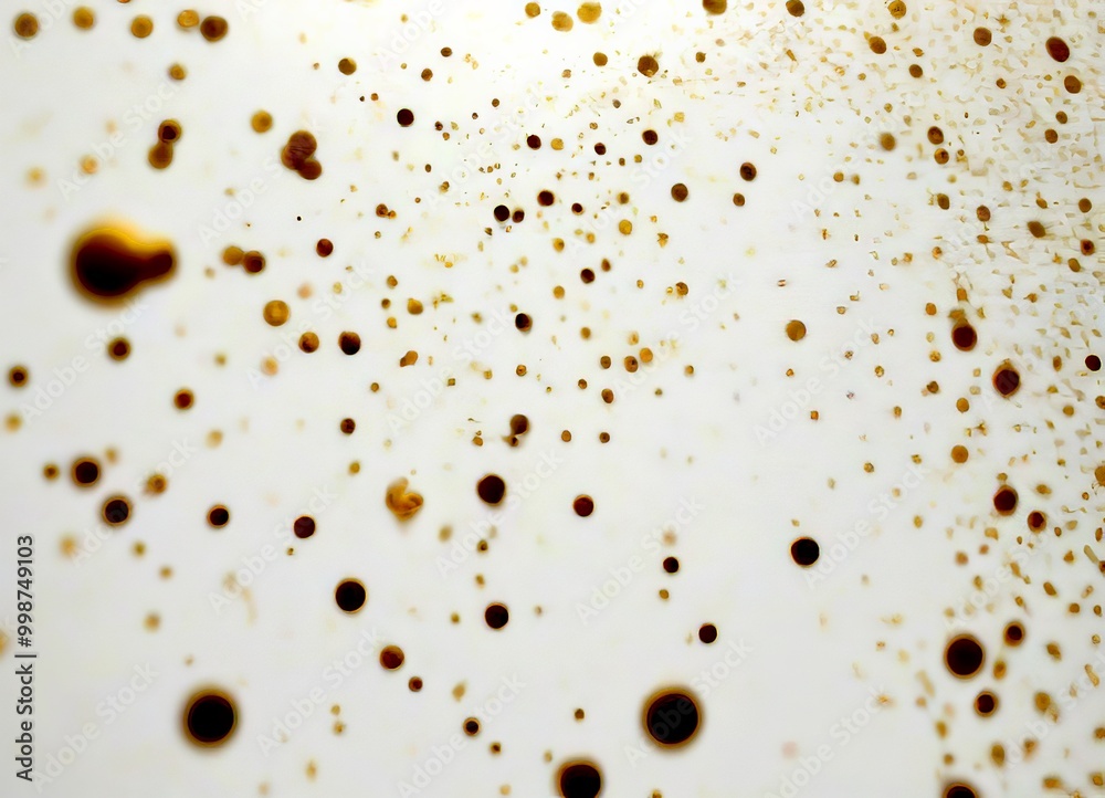 Poster a close-up view white surface with numerous small gold dots scattered across it, creating a sense of randomness and movement