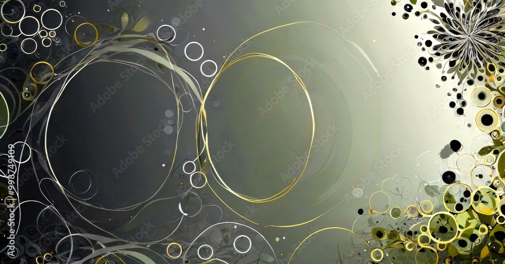 Poster a dark gray background with a central circular design and a floral pattern on the right side