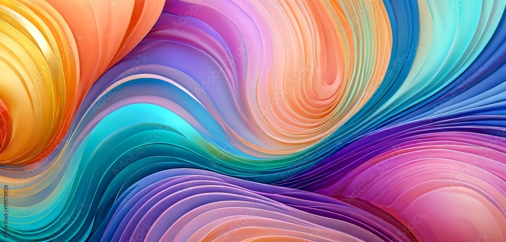 Poster a vibrant abstract pattern composed of overlapping curved lines in a spectrum of colors, including orange, yellow, blue, green, purple, and pink, creating