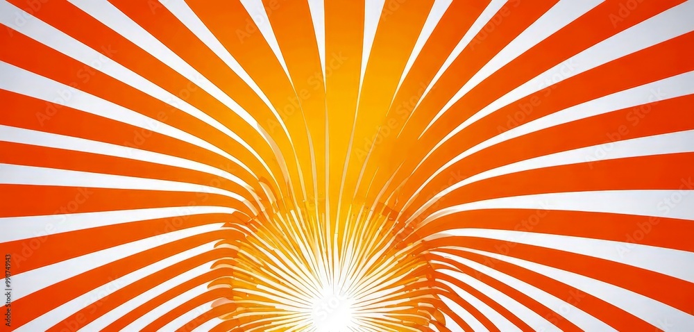 Poster a vibrant abstract design with a central sunburst and radiating lines in shades of orange and white, creating a sense of depth and movement