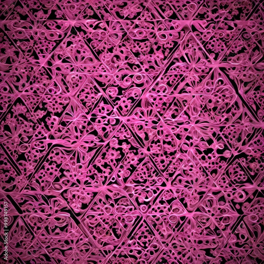 Poster a repeating pattern of pink and purple triangles and circles, creating a visually striking and intricate design