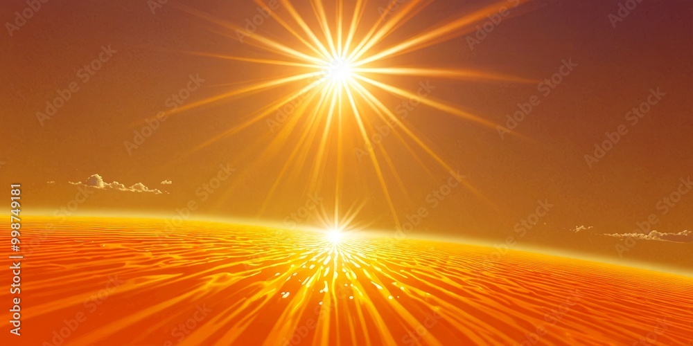Poster the sun's rays pierce through the clouds, casting a warm glow over a serene landscape with a sunlit 