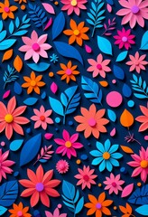 a vibrant and playful arrangement of flowers and leaves in various shades of pink, orange, blue, and purple against a dark blue background