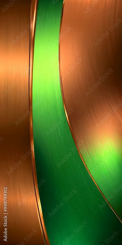 Poster a vibrant abstract composition with a gradient of green and brown hues The green section is curved and has a metallic sheen, while the brown section is more angular and has