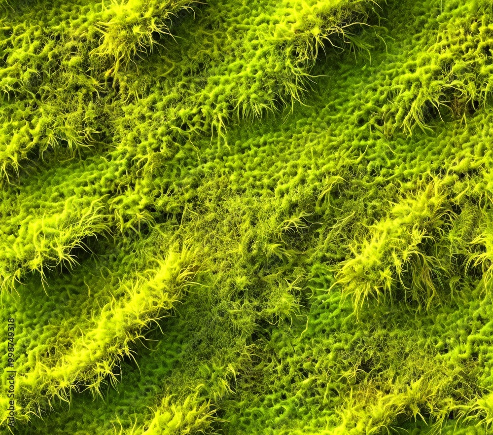 Leinwandbilder a close-up view textured surface covered in a dense layer of green moss or lichen, with a fuzzy, fuz