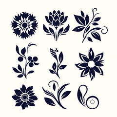 Floral vector design elements with leaves and ornamental spring flower illustrations perfect for seamless patterns or vintage tattoo art