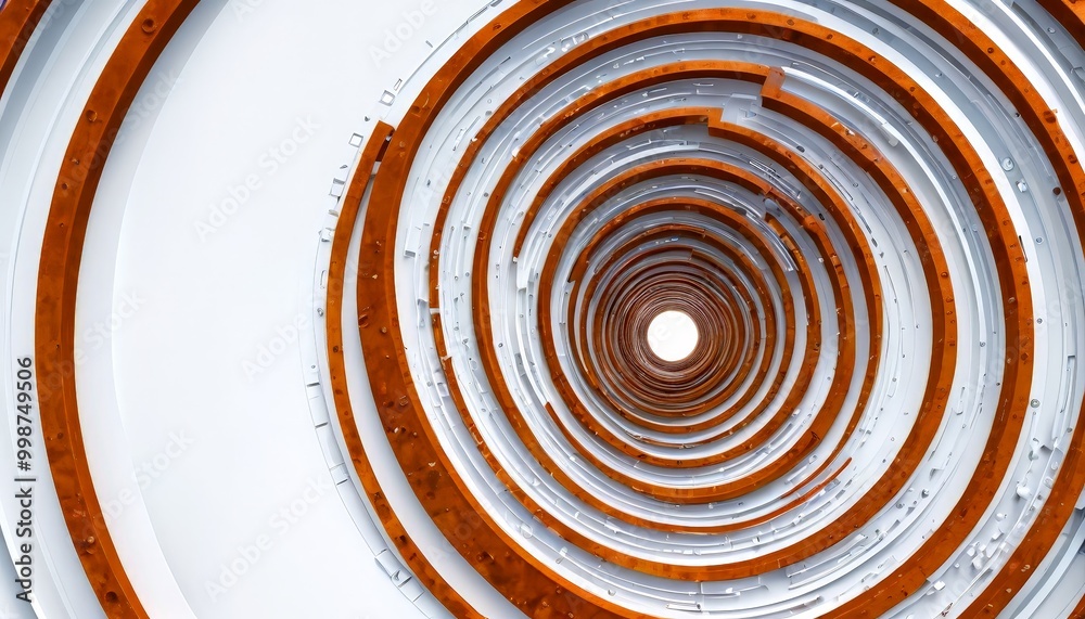 Poster A spiral staircase with a bright light at the end, set against a white background with a pattern of red and white circles