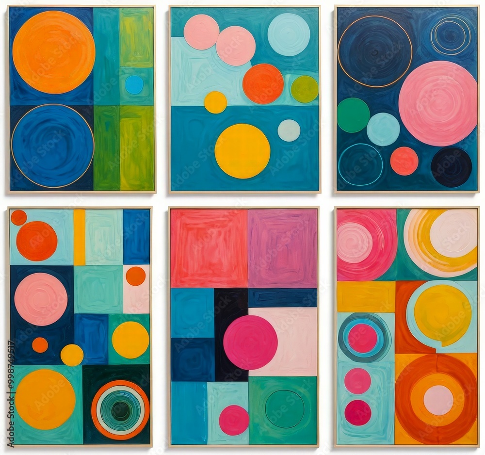 Poster The displays a collection of six abstract paintings, each featuring a unique arrangement of circles and squares in various colors and sizes