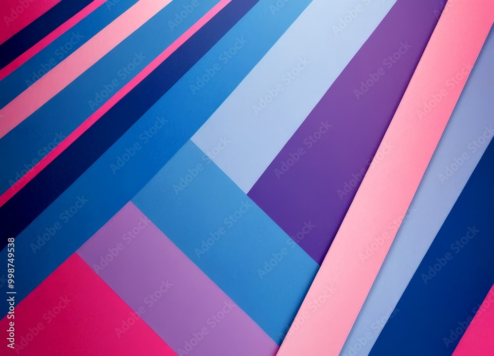 Poster a vibrant abstract composition of overlapping diagonal lines in various shades of blue, pink, and purple, creating a dynamic and visually striking pattern
