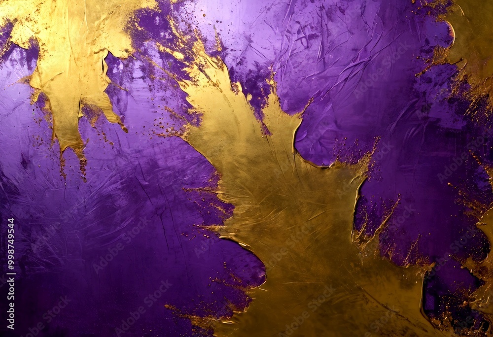 Poster a close-up view textured purple and gold abstract painting the painting features a mix of dark purpl