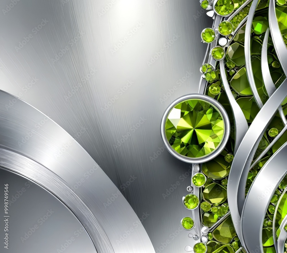 Poster a metallic surface with a silver-colored curve and a central circular green gemstone Surrounding the gemstone are smaller green gemstones arranged in a wave-like pattern