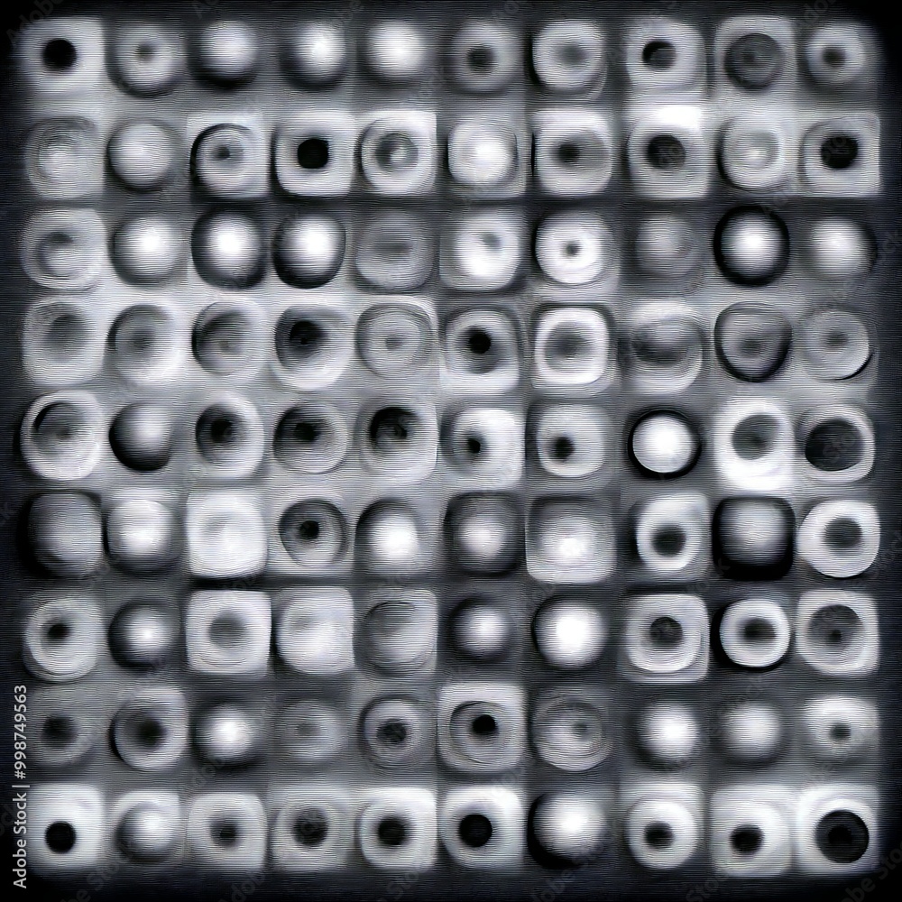 Poster a black and white abstract composition featuring a grid of overlapping circles and ovals, creating a sense of depth and complexity.