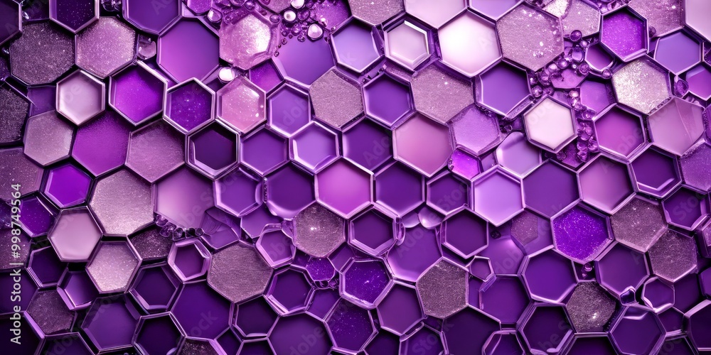 Fototapete a close-up view pattern of hexagonal tiles in various shades of purple, with some tiles having a metallic sheen and others appearing to be made translucent material