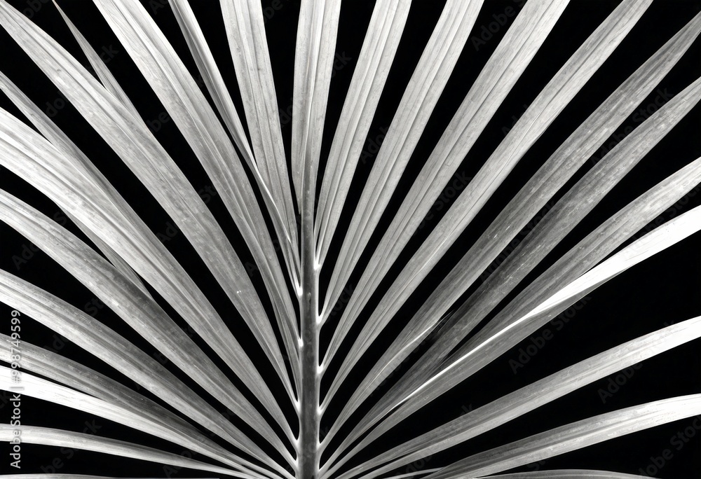 Poster a close-up black and white photograph of a palm leaf, showcasing its intricate and overlapping frond