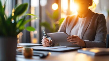 A professional woman writing notes while using a tablet in a sunlit office setting.