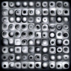 a black and white abstract composition featuring a grid of overlapping circles and ovals, creating a sense of depth and complexity.