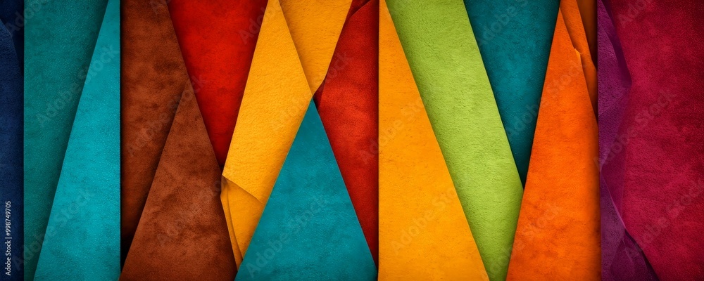 Poster a vibrant abstract composition of overlapping paper strips in various colors, including turquoise, b