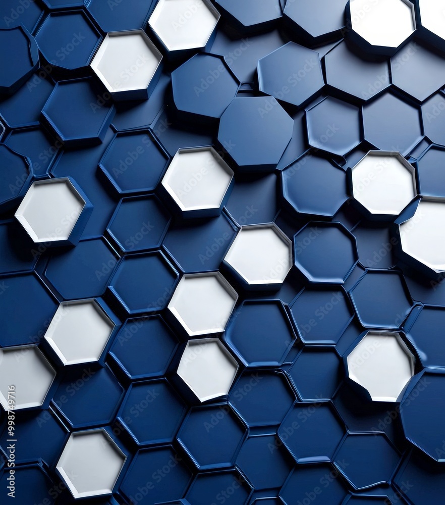 Poster a pattern composed of white hexagons interspersed with blue hexagons, creating a visually striking contrast