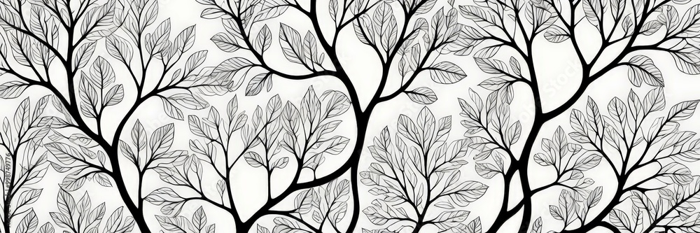Poster a repeating pattern of black and white tree branches with leaves, creating a striking and intricate design
