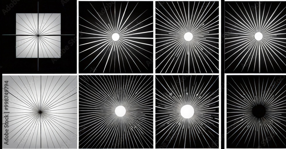 Poster a grid of eight black and white photographs, each depicting a unique radial pattern the photographs 