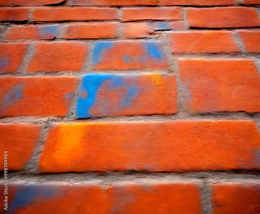 Aufkleber a close-up view brick wall, showing a pattern of red bricks with blue paint on one side