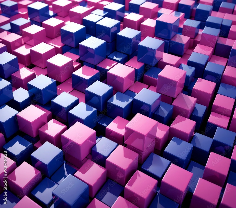 Poster A complex pattern of overlapping cubes in shades of pink and blue, creating a visually striking and abstract design