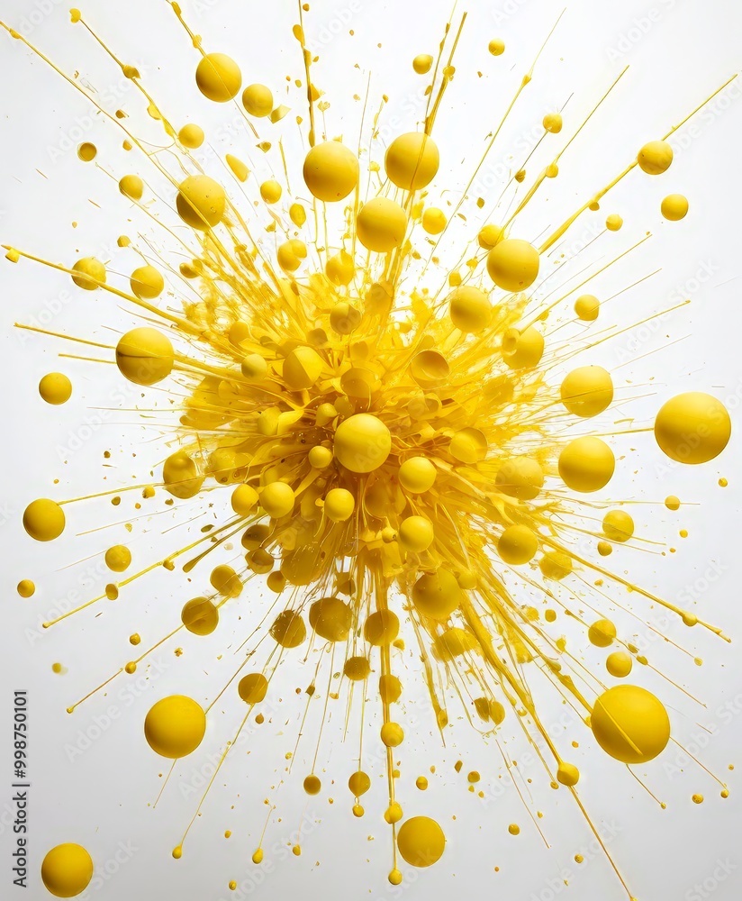 Poster a vibrant explosion of yellow spheres, with some spheres appearing to be in motion, creating a dynamic and visually striking composition