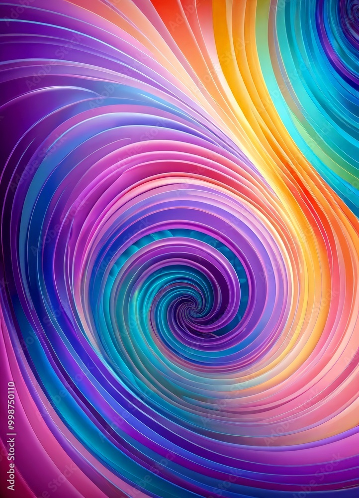 Poster a vibrant, abstract pattern of overlapping curved lines in a spectrum of colors, including shades of purple, blue, orange, and pink, creating a mesmerizing spiral effect