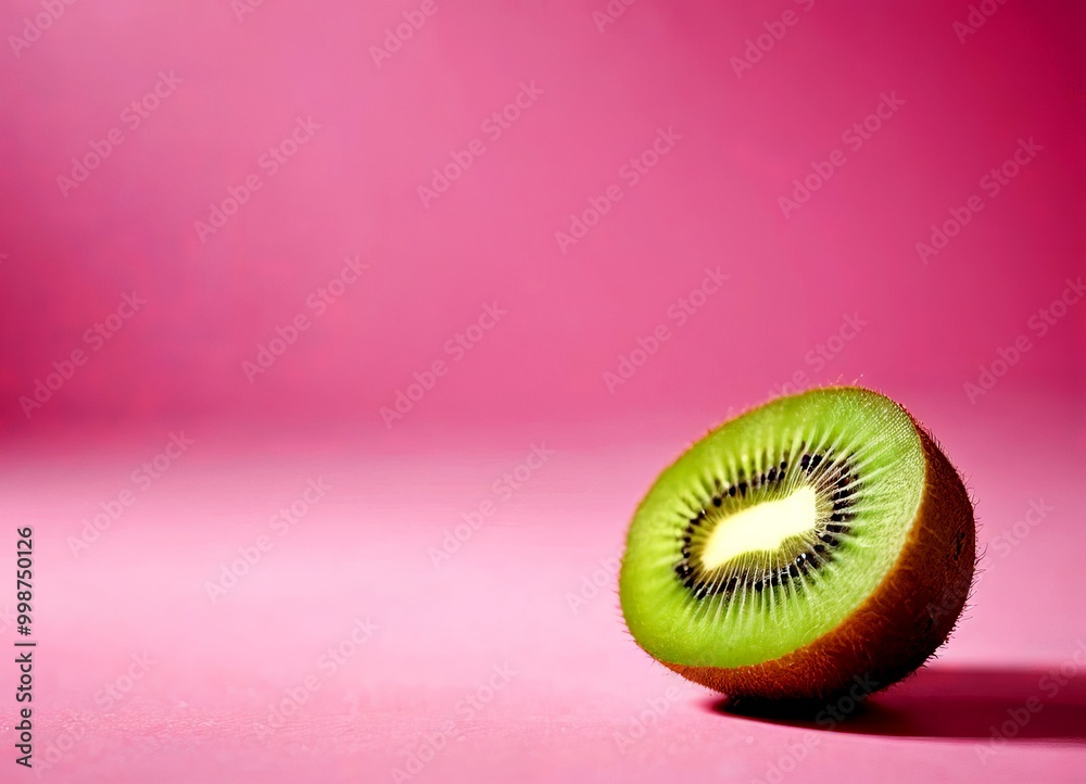 Poster a halved kiwi fruit with a vibrant green flesh and black seeds rests on a pink background, creating 