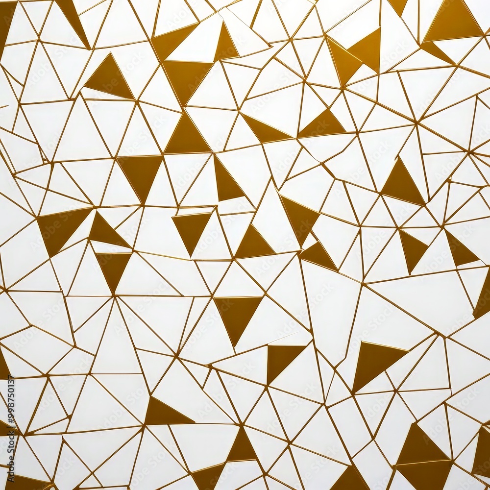Poster a white background with a geometric pattern composed of numerous gold triangles arranged in a random, overlapping manner