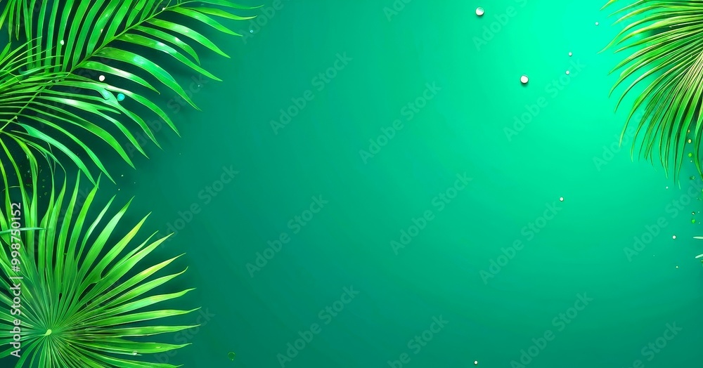 Poster a vibrant green background with palm leaves on the left and scattered white dots on the right