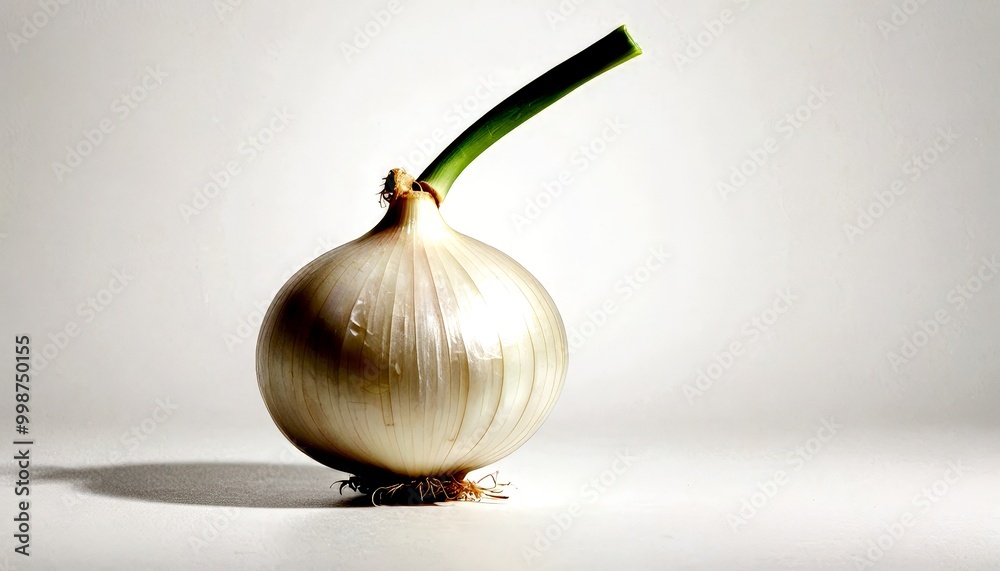 Poster a single onion bulb with a green stem stands upright on a white surface, casting a shadow on the gro