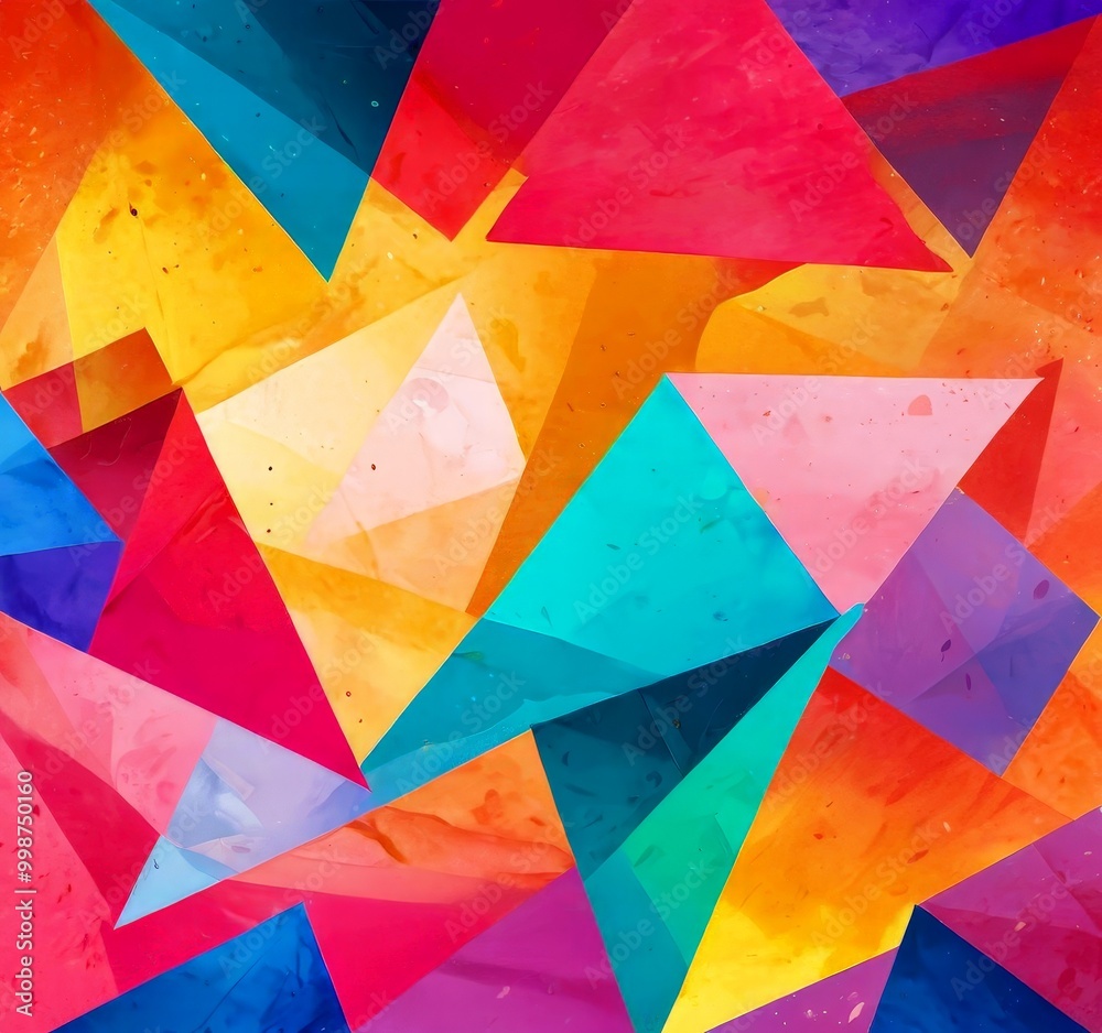 Leinwandbilder a vibrant abstract composition featuring overlapping triangular shapes in a variety of bright colors, including red, orange, yellow, blue, and green