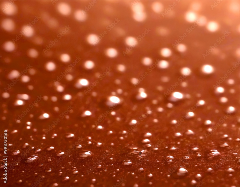 Poster Water droplets on a dark brown surface, creating a textured and abstract pattern