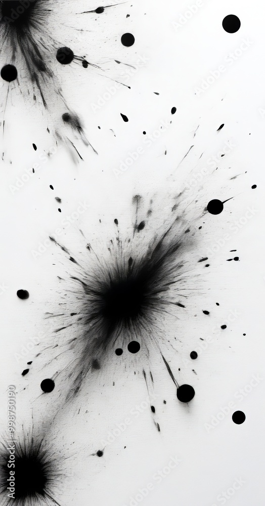 Poster a black and white abstract composition featuring a central explosion-like shape surrounded by numerous smaller dots and splatters, creating a dynamic and