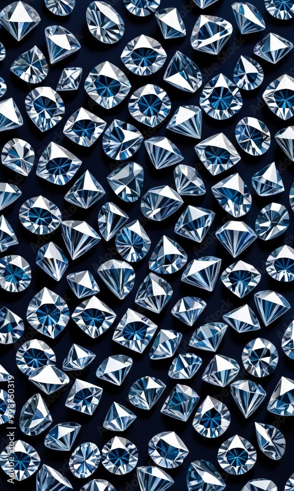Fototapete a collection of numerous diamonds of varying sizes and shapes, arranged in a random pattern against a dark background
