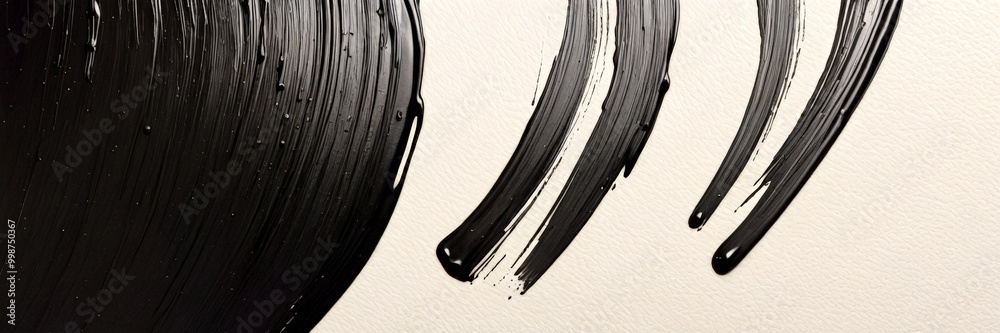Poster abstract black and white featuring curved lines and splatters of paint or ink