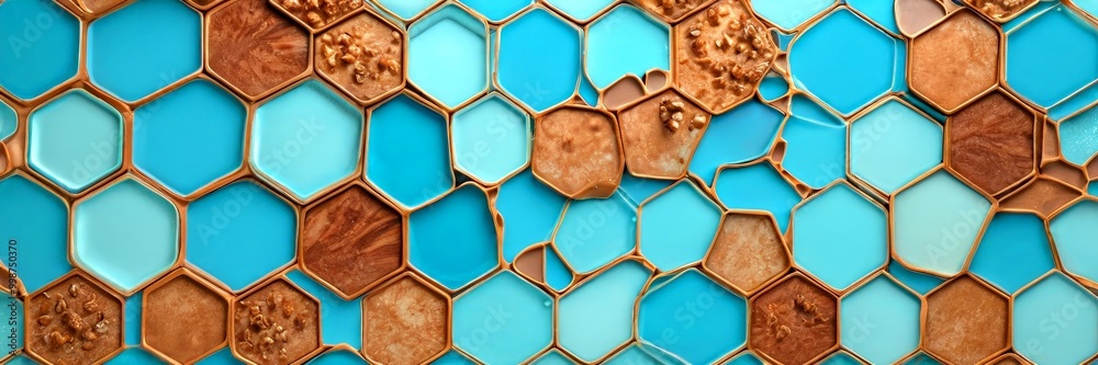 Aufkleber a close-up view mosaic pattern composed of hexagonal tiles in various shades of blue and brown, arranged in a grid-like pattern