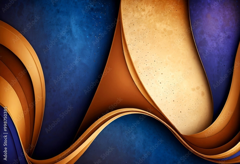 Poster a striking abstract composition of overlapping curved lines in shades of blue and gold, creating a s