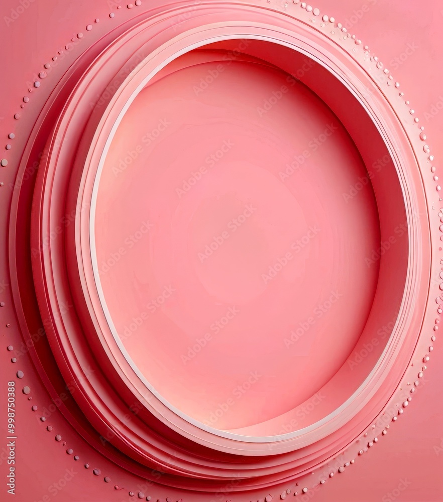 Poster a pink circular frame with a white border, set against a pink background with white polka dots
