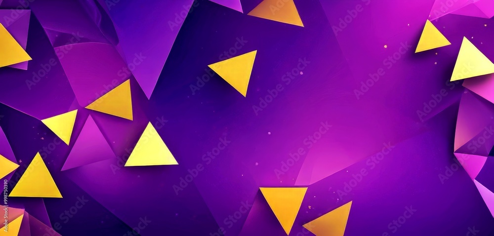 Poster a vibrant abstract composition of overlapping triangles in various shades of purple and gold, creating a dynamic and visually striking pattern